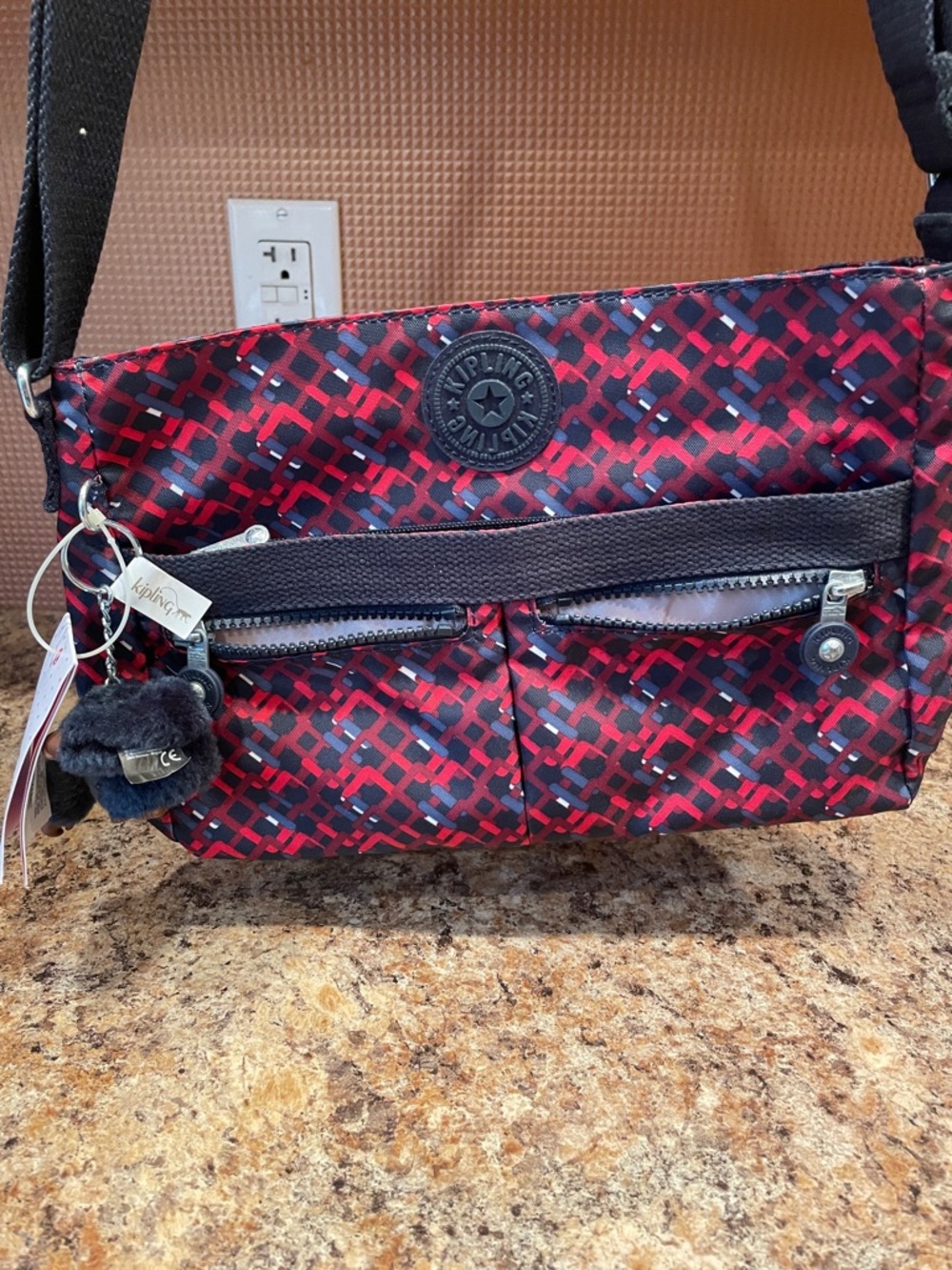 Kipling Red and Black Geometric Print Crossbody
